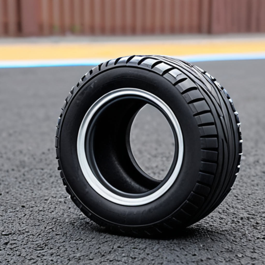 **RC car tires on asphalt, smooth tread, focus on grip and speed.** (RC 카가 아스팔트 위를 달리는 모습, 매끄러운 트레드, 접지력과 속도에 초점.)