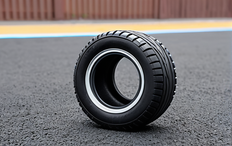 **RC car tires on asphalt, smooth tread, focus on grip and speed.** (RC 카가 아스팔트 위를 달리는 모습, 매끄러운 트레드, 접지력과 속도에 초점.)