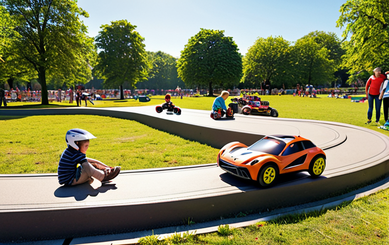 A vibrant park scene with children playing safely with RC cars on a designated track, wearing helmets and protective gear, under the supervision of adults. Bright sunlight illuminates the cheerful atmosphere, emphasizing responsible RC car usage in a controlled environment.
