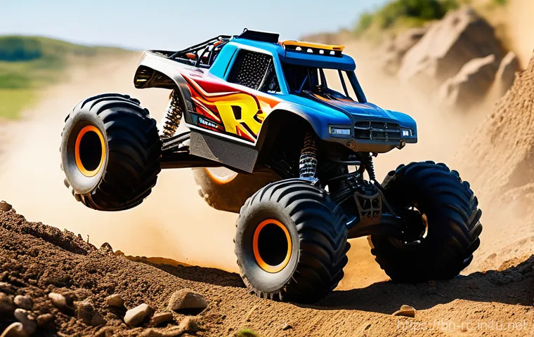 RC카와 드론의 조종법 차이 - **Dynamic RC Off-Road Adventure:** A high-resolution, action-shot image of a remote-control (RC) mon...