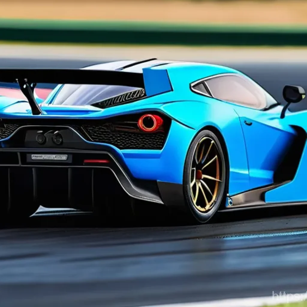 RC카 튜닝의 심미적 요소 - A sleek, aerodynamic RC racing car, captured mid-turn on a professional asphalt race track. The car ...