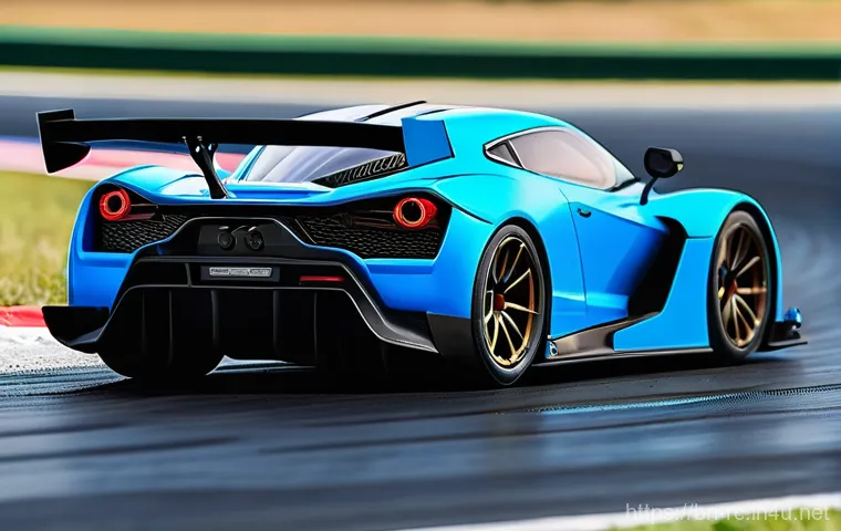 RC카 튜닝의 심미적 요소 - A sleek, aerodynamic RC racing car, captured mid-turn on a professional asphalt race track. The car ...