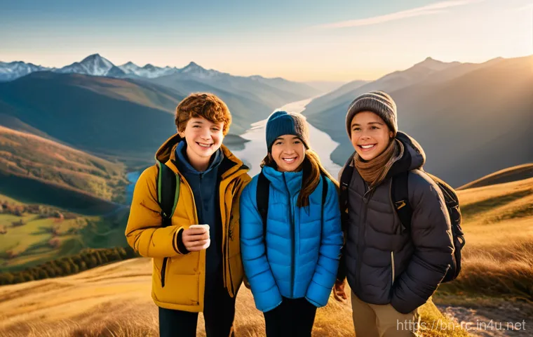 RC카에 적합한 지형 - **Prompt:** A diverse group of four teenagers, two boys and two girls, dressed in comfortable hiking...