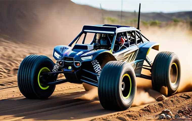 RC카의 인기 있는 악세서리 - **High-Performance RC Car in Action:**
"An RC off-road buggy, powered by a high-performance brus...