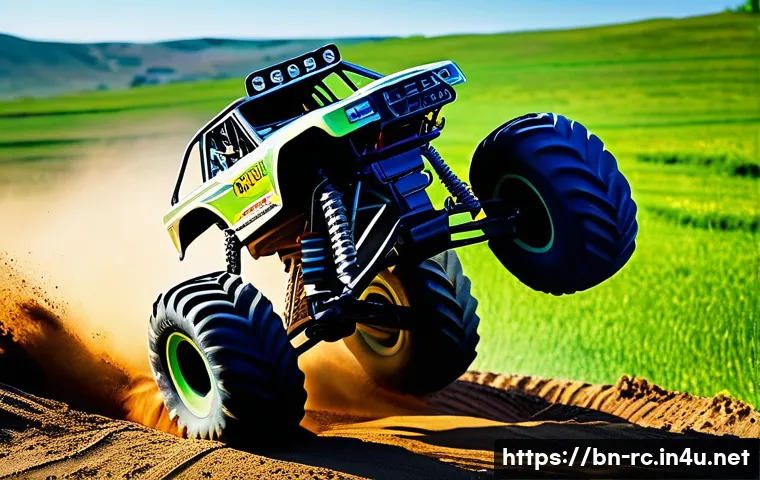 RC카 초보자용 장비 추천 - **Prompt: Dynamic Off-Road RC Action with Enthusiast**
"A vibrant, dynamic shot of an RC monster...
