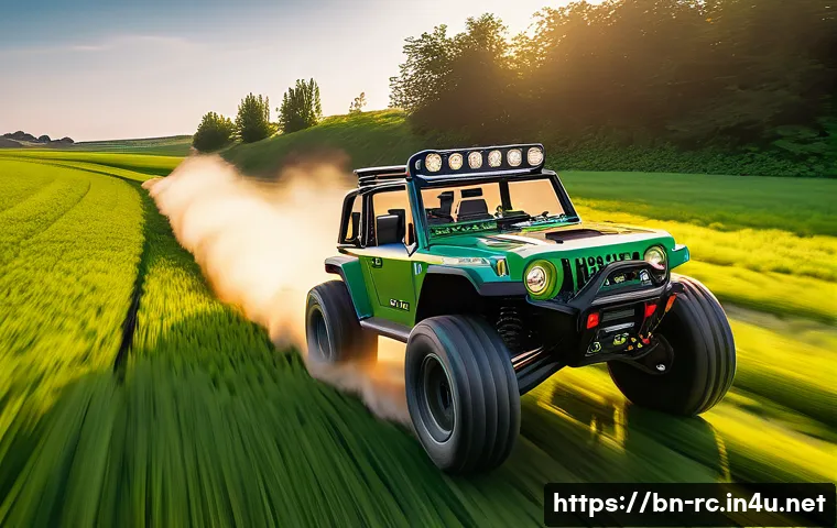 RC카로 촬영한 독창적인 영상 - A high-detail scene of an RC car equipped with a small action camera like a GoPro, racing dynamicall...