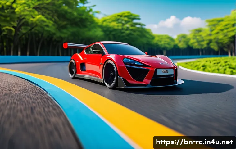 RC카와 유사 장난감 비교 - A dynamic scene showcasing a high-speed racing RC car speeding along a sleek asphalt track, designed...