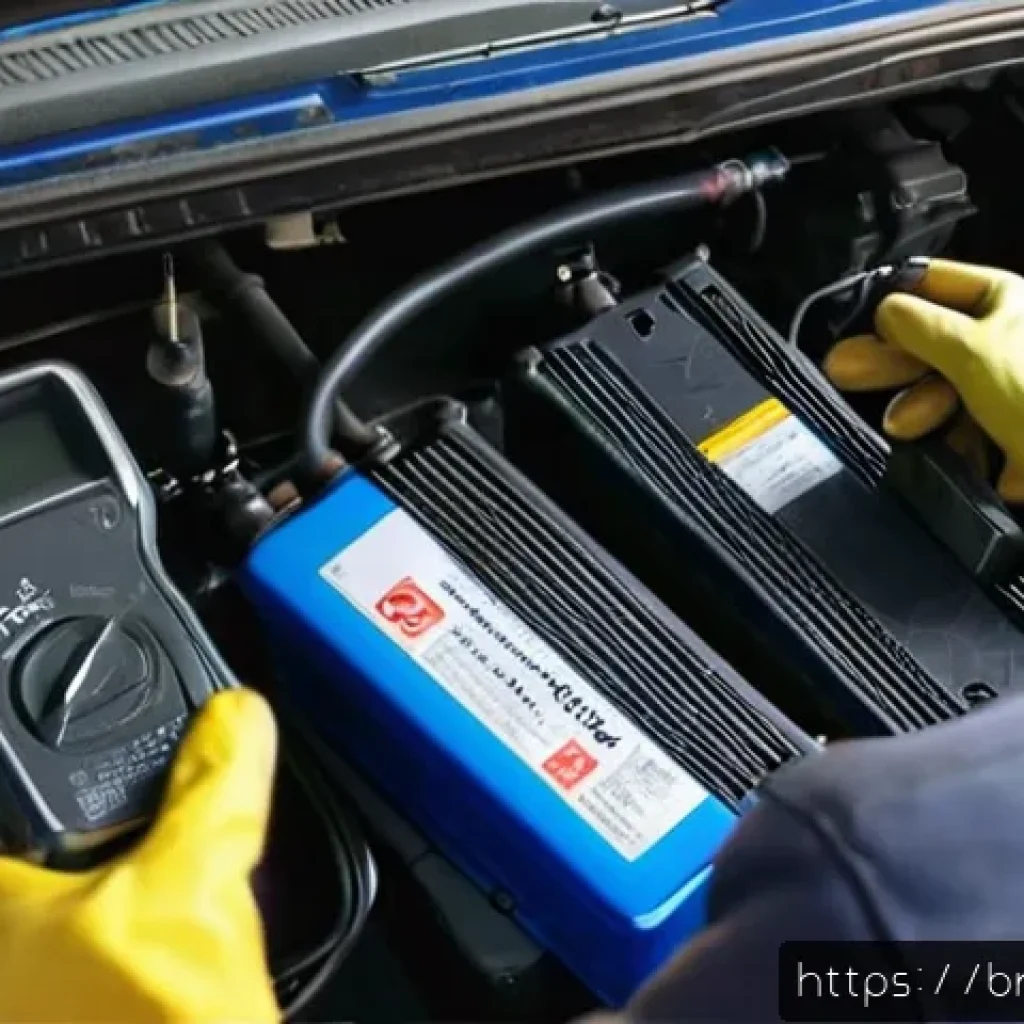 RC카 최적의 유지보수 방법 - A detailed close-up of a car battery maintenance scene in a Bengali household garage: a person caref...