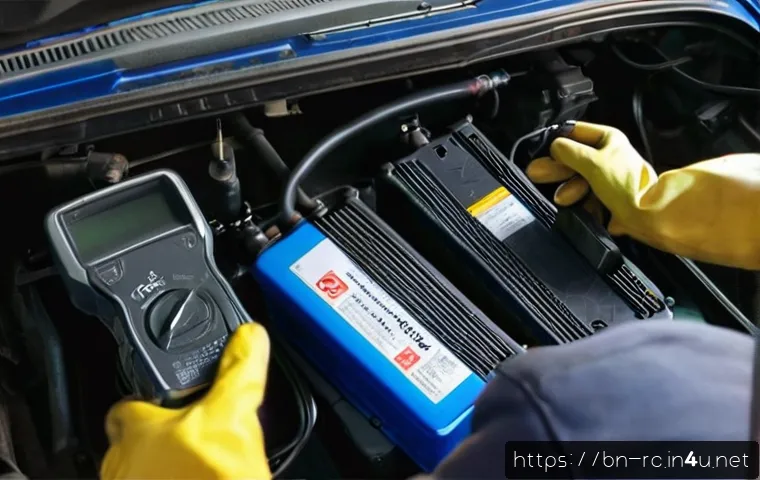 RC카 최적의 유지보수 방법 - A detailed close-up of a car battery maintenance scene in a Bengali household garage: a person caref...