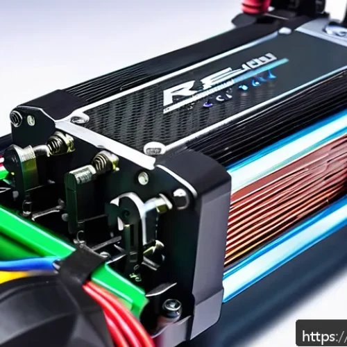 RC카와 관련된 DIY 프로젝트 - A detailed close-up image of a high-performance RC car motor and battery setup, featuring a 12V brus...