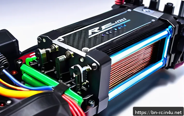 RC카와 관련된 DIY 프로젝트 - A detailed close-up image of a high-performance RC car motor and battery setup, featuring a 12V brus...