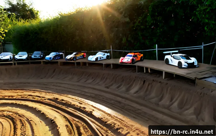 RC카 전용 트랙 제작법 - Photorealistic backyard workshop scene showing a hobbyist building a dedicated RC car racetrack, smo...
