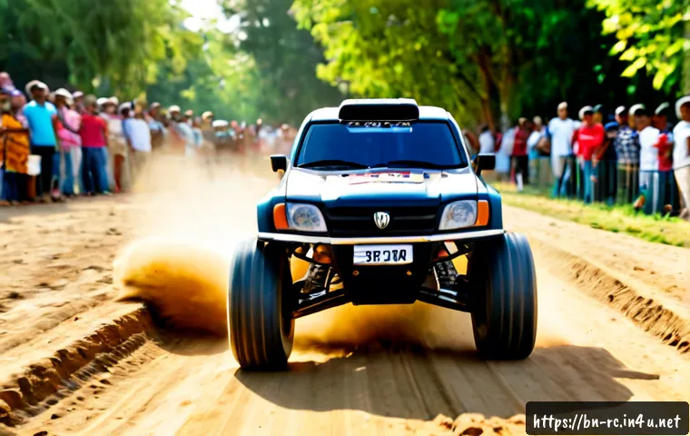 RC카와 관련된 애니메이션 - Photorealistic RC car racing along a compact dirt track in a sunny suburban park, dynamic low-angle ...